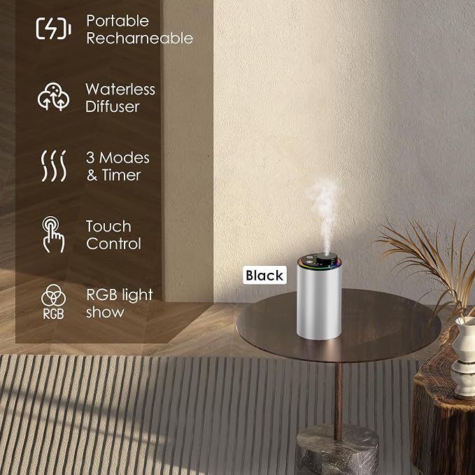 Waterless Essential Oil Diffuser, Portable Aromatherapy Diffuser,3 Countdown Timers & 3 Mist Levels for Home, Room, Car, Office