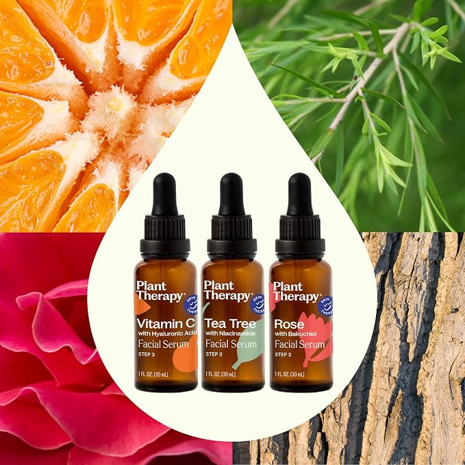 Plant Therapy Facial Serum Trio Set 1 oz each, Vitamin C & Hyaluronic Acid, Rose with Bakuchiol & Tea Tree with Niacinamide, Reduces the Appearance of Fine Lines & Wrinkles