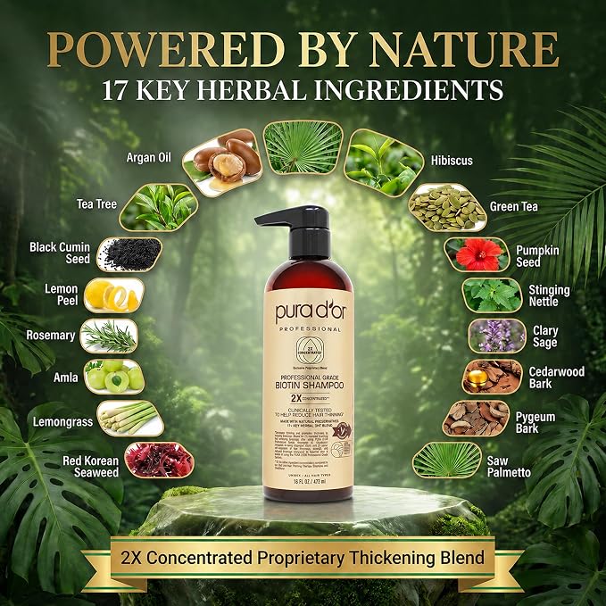 PURA D'OR Clinically Formulated Biotin Shampoo - Daily Hair Care Routine For Thinning Hair - 2X Concentrated 17+ Key Herbal Blend Hair Thickening Products For Women & Men, Botanical Zen Scent 16 Fl Oz