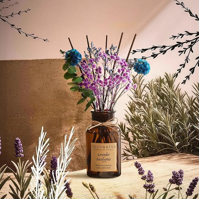 Cocorrína Reed Diffuser Set, 6.7oz Flower Reed Diffuser with Real Preserved Flowers - Lavender & Eucalyptus Scented Oil & Sticks - Long Lasting Home Fragrance for Bedroom Bathroom Shelf Decor