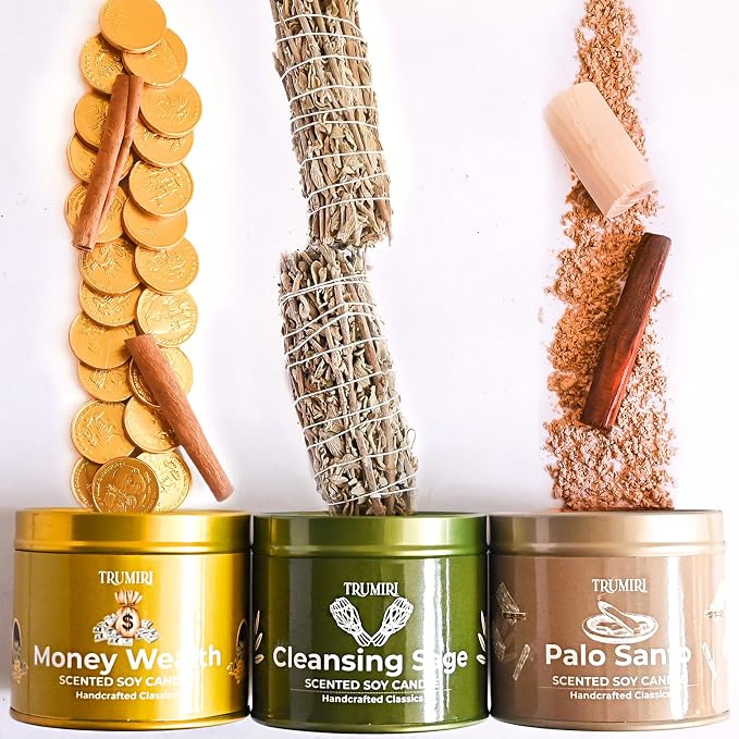 Cleansing Sage, Palo Santo, Money Wealth - Soy Candles Non Toxic - Highly Scented Long Lasting with Essential Oils - Variety Pack of 3 x 5oz - for Home Aromatherapy Meditation Gift Travel