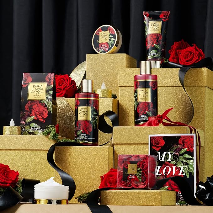 Mothers Day Gifts from Daughter and Son, Spa Bath and Body Gift Set, Exotic Rose Gift Basket for Women & Men, Thank You, Birthday, Mom, Personalized Gifts with Body Scrub, Bubble Bath, Lotion & More