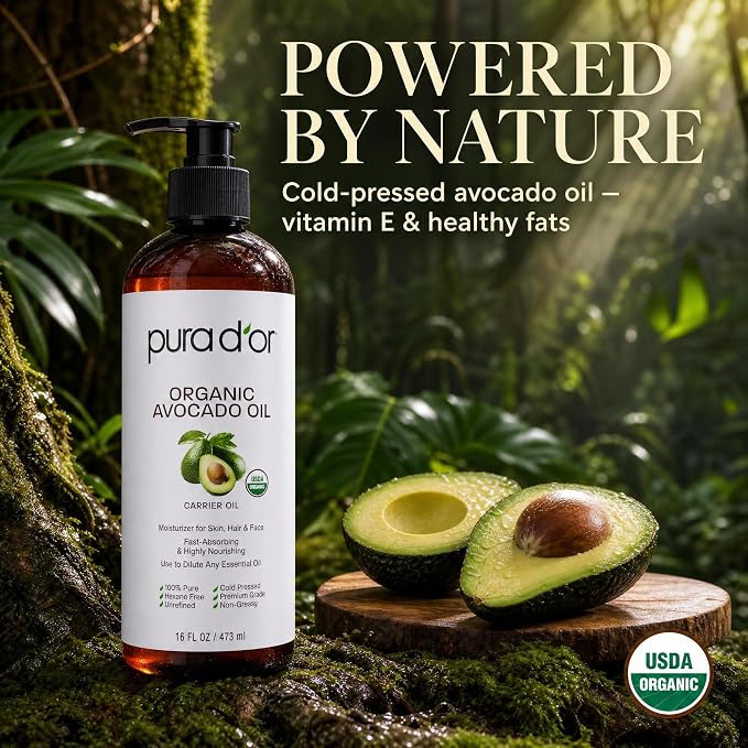 PURA D'OR ORGANIC Avocado Oil (16 Oz) 100% Pure & Natural USDA Certified Cold Pressed