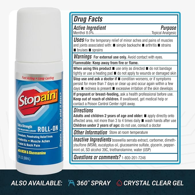 Stopain Pain Relief Roll On Gel 3oz (2 Pack) USA Made, Max Strength Fast Acting with MSM, Glucosamine, Menthol for Arthritis, Lower Back, Knee, Neck, HSA FSA Approved Topical Analgesic Products
