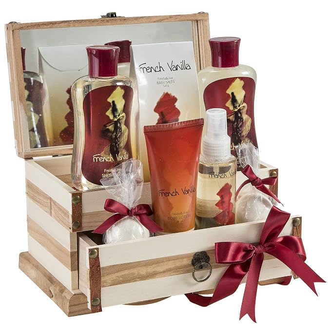 French Vanilla Bath Set Essential Bath and Body Basket: 2 Vanilla Bath Bombs, Body Lotion, Body Spray, Bath Salts, etc in a Wooden Jewelry Box Gift