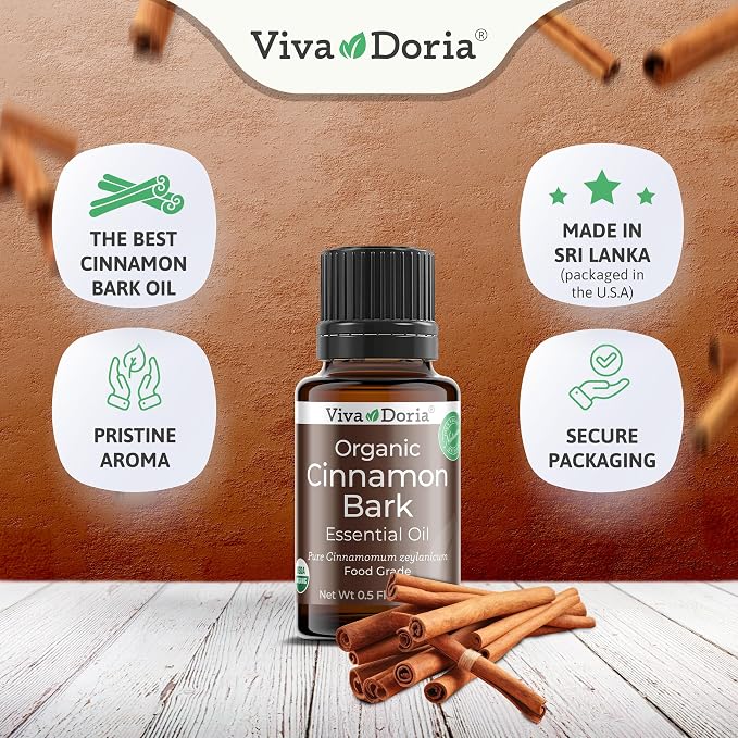 Viva Doria Organic Ceylon Cinnamon Bark Oil - 100% Pure, Natural, Undiluted, Food Grade Essential Oil, 15 mL (0.5 Fl Oz)