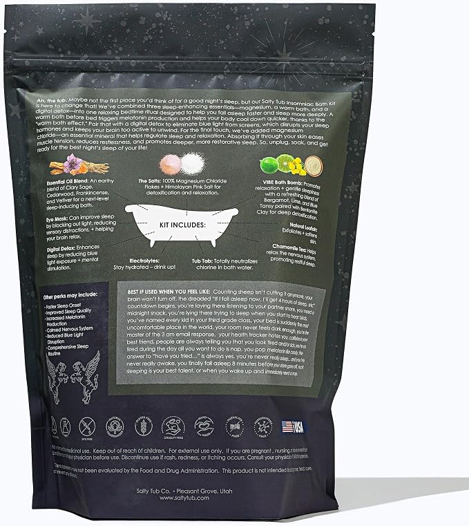 Insomniac Sleep Bath Kit – Nighttime Detox Soak with Magnesium Salts, Essential Oils, Bath Bomb and More, Luxury Bath Experience, Single Use – Sleep Support & Relaxation Ritual by Salty Tub