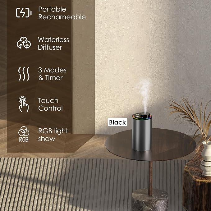 Waterless Essential Oil Diffuser, Portable Aromatherapy Diffuser,3 Countdown Timers & 3 Mist Levels for Home, Room, Car, Office
