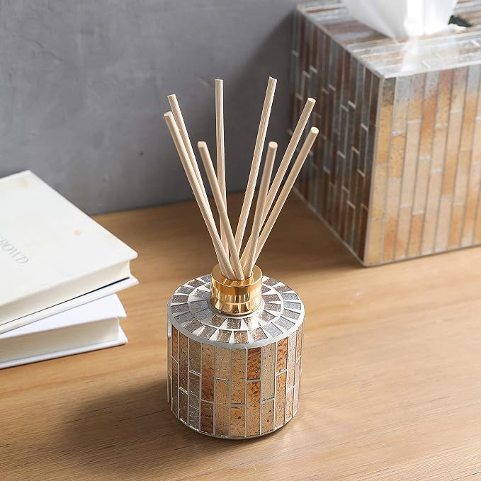 7.3oz Decorative Vertical Stripe Mosaic Glass Reed Diffuser Bottle Set with Silver Caps & 16pcs Natural Feed Sticks-Set of 2 - Ideal for Home Fragrance, Bathroom Decoration, Accent (Amber)