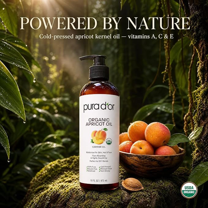 PURA D'OR ORGANIC Apricot Kernel Oil (16 Oz) 100% Pure & Natural USDA Certified