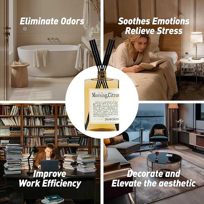 Morning Citrus Scent Reed Diffuser Refill Set 13.53 fl oz with 6 Sticks,【Wake Up Your Space】 Luxury Natural Long Lasting Home Fragrance Oil Air Freshener for Living Room and Kitchen