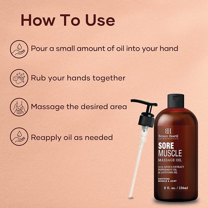 Botanic Hearth Soremuscle Massage Oil 8 Fl Oz (2 pack)| Refreshing, Relaxing Massage Oils for Muscle Relaxing & Joint Comfort | Made with Natural Oils | for All Skin Types, for Men & Women