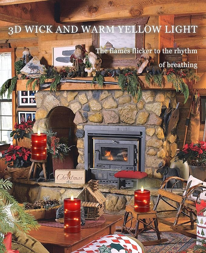 Red Flameless Candles with String Lights Battery Operated LED Pillar Candles 4‘’ 5‘’ 6‘’ Candle with Remote Control,Fake Candle Set of 3 for Christmas or Special Festivals Decorations