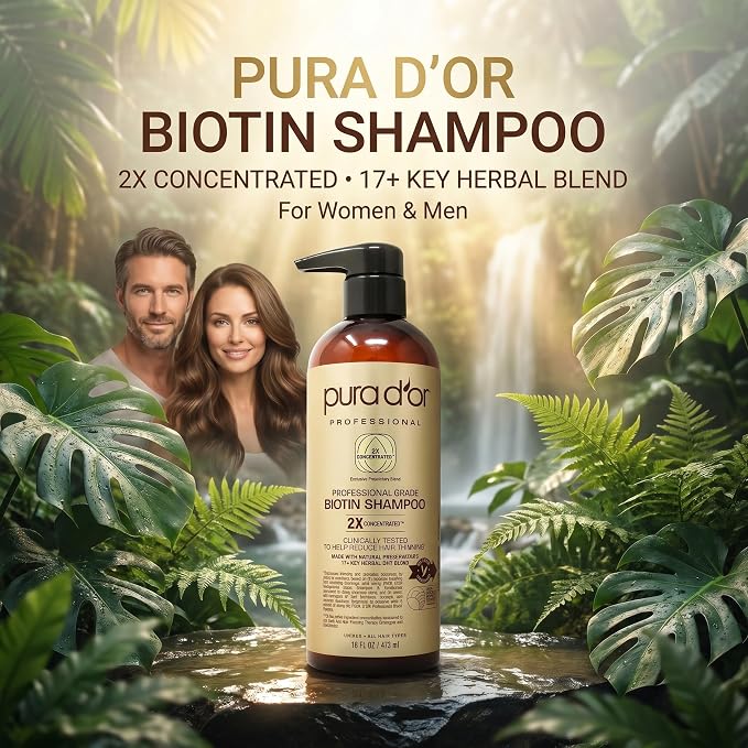 PURA D'OR Clinically Formulated Biotin Shampoo - Daily Hair Care Routine For Thinning Hair - 2X Concentrated 17+ Key Herbal Blend Hair Thickening Products For Women & Men, Botanical Zen Scent 16 Fl Oz