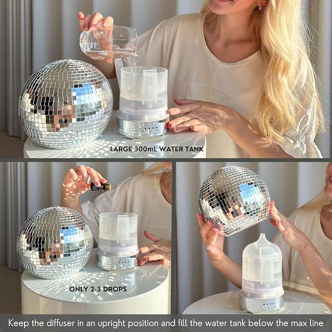 SCANDINORDICA Disco Ball Diffuser Speaker - Large 300 mL Rotating Disco Ball Essential Oil Diffuser with Whisper Quiet Operation, 7 Color LED Night Light & 4 Time Settings | Cute Bluetooth Speaker