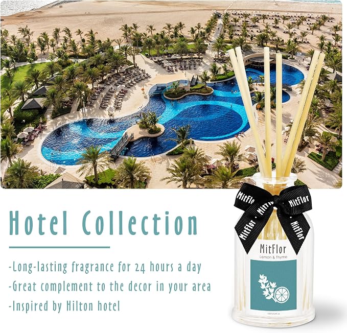 Hotel Collection, MitFlor Lemon Thyme Room Diffuser, Inspired by Hilton Hotel Reed Diffuser for Home, Luxury Aromatherapy Diffuser for Living Room, Bedroom, Bathroom and More