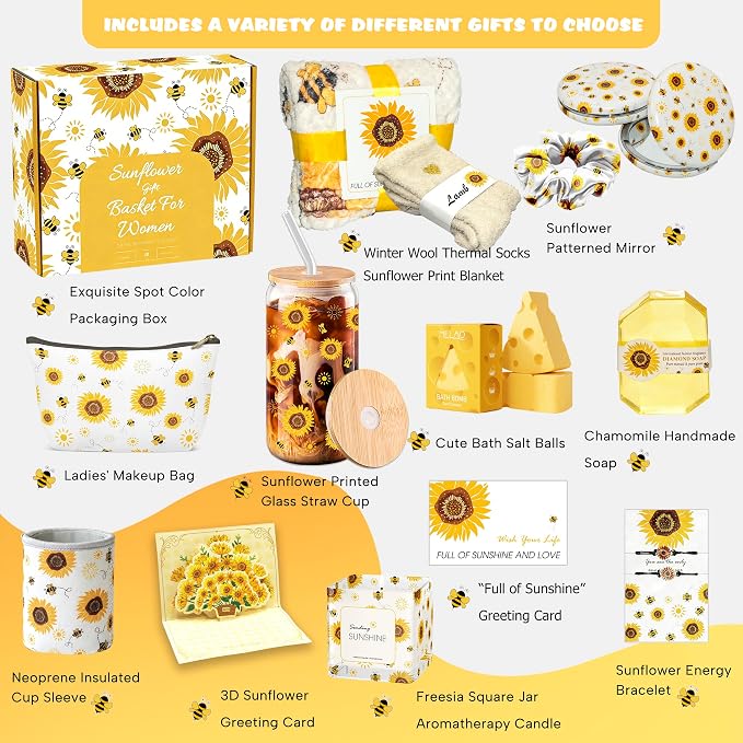 Sunflower Gift Baskets for Women,Sending Sunshine Unique Birthday Cheer Up Box Self Care Package,Get Well Soon Spa Gifts Set Box w/Blanket - Thinking of You Gift for Her,Girls,Women,Sister,Mom