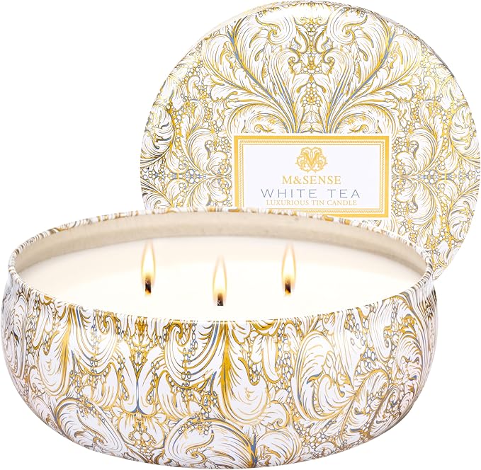 M&SENSE White Tea Scented Candles 12 oz, Large 3 Wick Soy Tin Candle, Over 40 Hour Burning Time, 100% Natural Vegan Wax, Relaxing Aromatherapy Aesthetic Candle Gift for Women Men