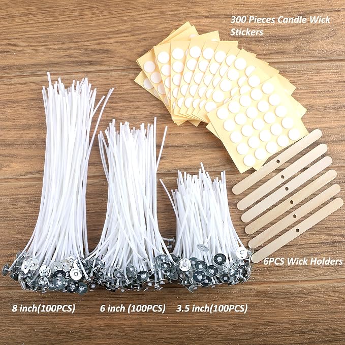MILIVIXAY 300pcs Cotton Candle Wicks (3.5"/6"/8"), 300pcs Stickers, 6pcs Wooden Wick Holders - Candle Making Kit
