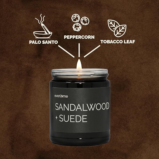 Premium Soy Wax Candle | Highly Scented Black Glass Jar Candles | Long Lasting, Clean Burn | 8 oz | Gifts for Man and Woman | Made in USA (Sandalwood + Suede)