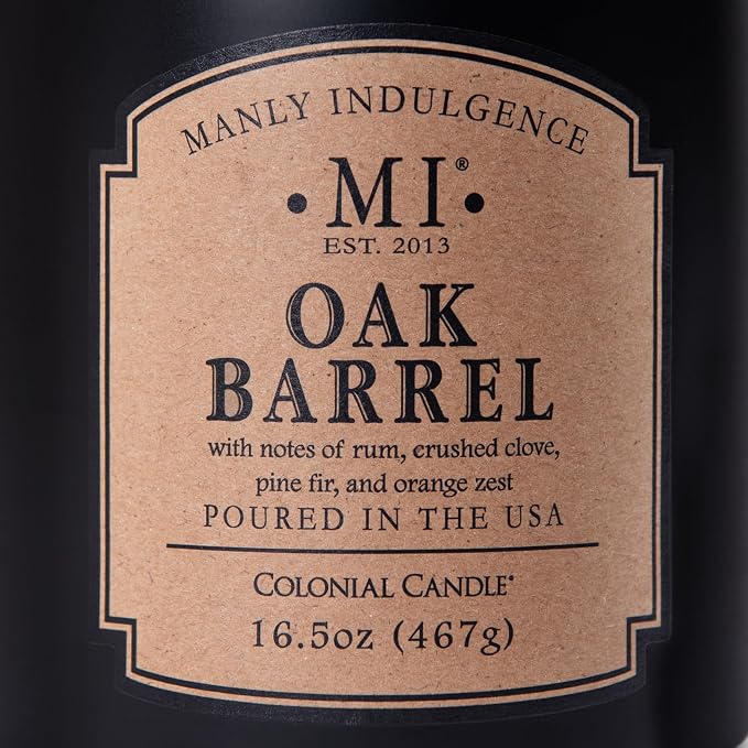 Manly Indulgence Oak Barrel Scented Candles for Men, 16.5 oz Single Wick, Premium Soy Blend Wax, 60H Burn, Candles for Home Scented – Made in The USA