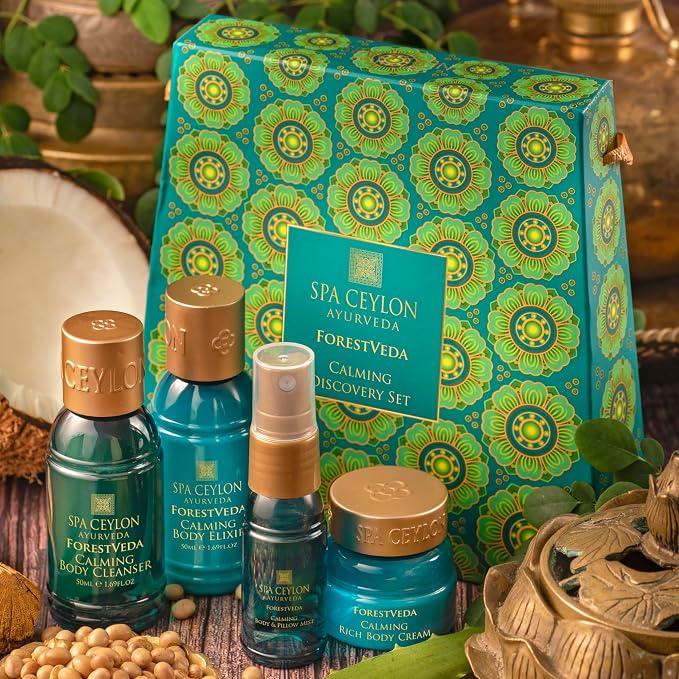 Spa Ceylon ForestVeda Calming Discovery Set - 4-Piece Ayurveda Bath & Body Gift Set with Plant Botanicals, Eucalyptus, Cedarwood & Moringa - Body Cleanser, Body Elixir, Body Cream & Pillow Mist