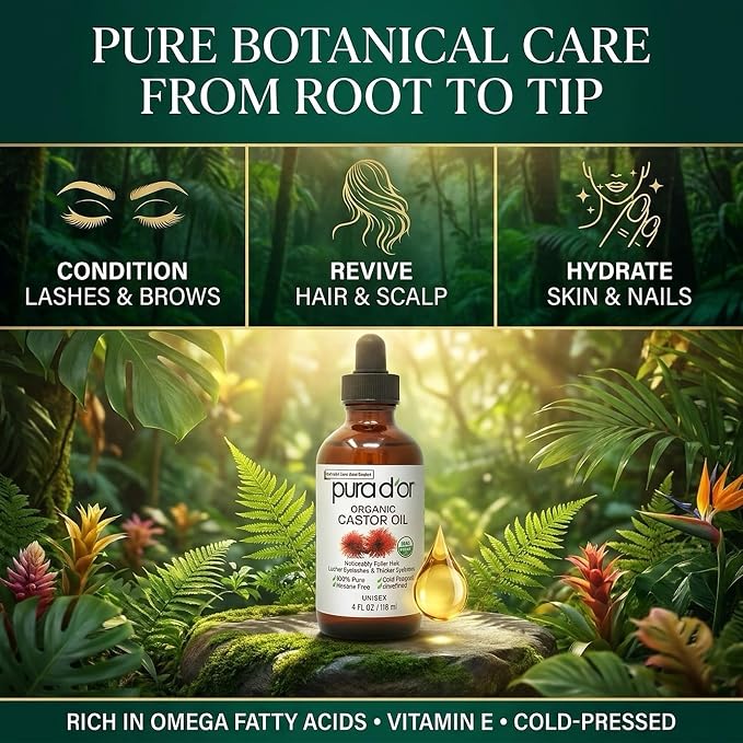 PURA D'OR Organic Castor Oil – Pure Cold-Pressed, Hexane-Free, USDA Certified - Hair, Lashes, Brows, Scalp, Skin: Supporting Softness, Strength, Hydration, Shine & Radiance 4 Oz Hair Regrowth Tonic