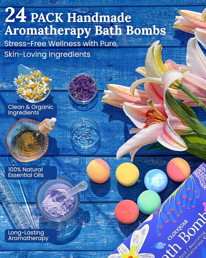 Hemp Oil Bath Bombs Women Gift Set, 24 Pack Natural Bubble Bath Spa Kit with Pure Essential Oils, Refreshing & Relaxing Bath Gift for Birthday, Mother’s Day & Valentine’s Day