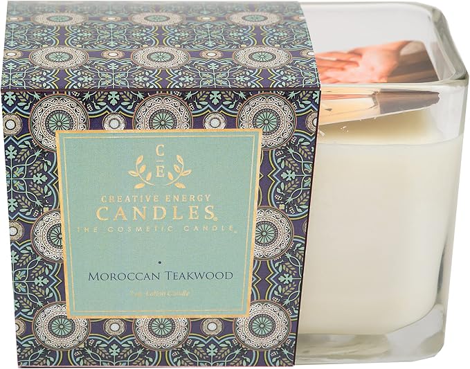 Lotion Candle - Moroccan Teakwood Scented Massage Candles for Self Care, 10 Oz. Soy Wax Candle with Essential Oil Blends, Coconut Oil, and Vitamin E, 55 Hour Burn Time