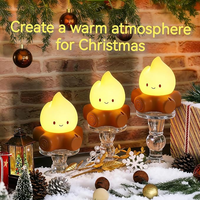 3 Pcs Campfire Night Light, Rechargeable Flame Lamp with 5 White Noise, Dimmable Flameless Candles Lights, Portable LED Ambiance Light for Camping Indoor Outdoor Holiday Decor Gifts
