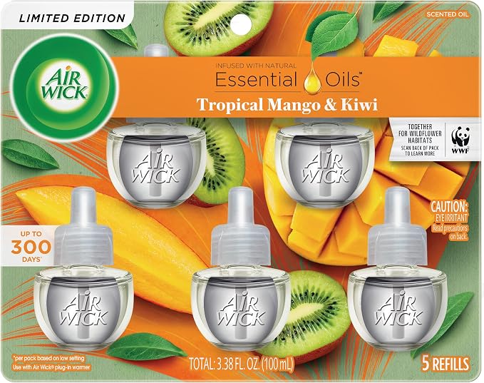 Air Wick Plug in Scented Oil Refill, 5 ct, Fresh Mango & Kiwi, Air Freshener, Essential Oils, Spring Collection