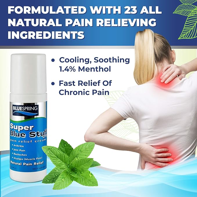Super Blue Stuff Natural Pain Relief Roll-On with Emu Oil, 3 fl oz | Anti Inflammatory Analgesic Cream, For Back, Knee, Joint, Muscle, Arthritis, Neck Pain