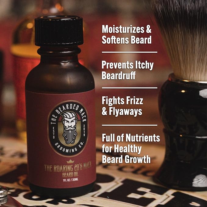 Bearded Mack Premium Beard Oil - The Roaring 20's - Bay Rum, Leather & Tobacco Scent - Softens, Removes Itch & Promotes Healthy Growth - Handcrafted in the USA, 1 oz