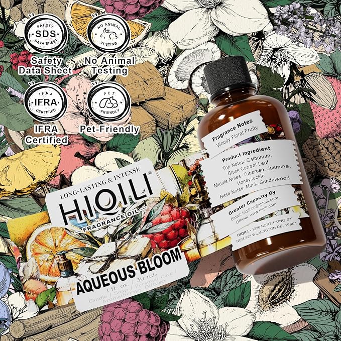 HIQILI Aqueous Bloom Fragrance Oil for Diffusers, Candles & Soap Making – Floral and Green Notes with Sandalwood, Long-Lasting Scent - 1 Fl Oz