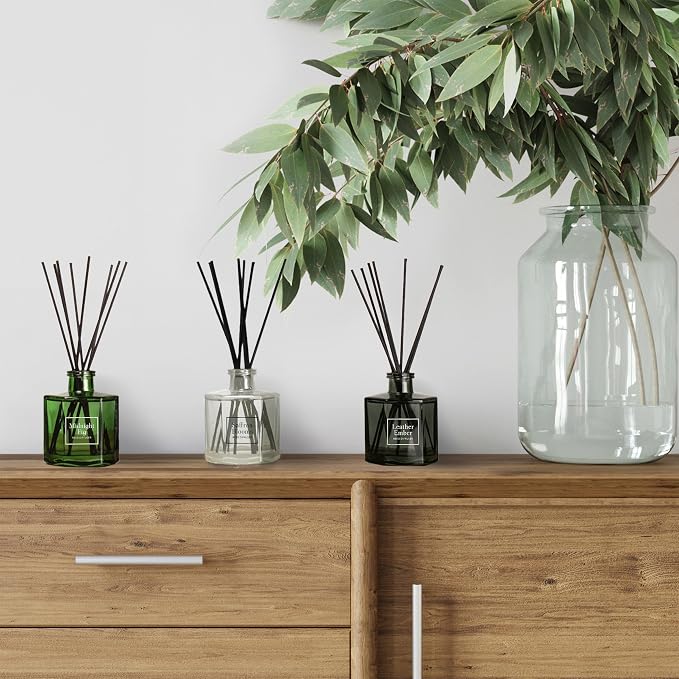 Bellevue Reed Diffuser Set, Three 6 fl oz Glass Filled Diffuser, Highly Concentrated Fragrances with Essential Oils, Home Fragrance (Leather Ember, Midnight Fig, Saffron Blooms)