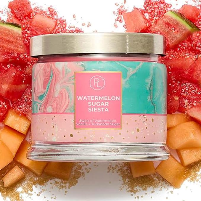 PartyLite 3-Wick Jar Candle, Highly Fragranced Clean Burning Glass Candle, 25-45 Hours Burn Time (Watermelon Sugar Siesta)