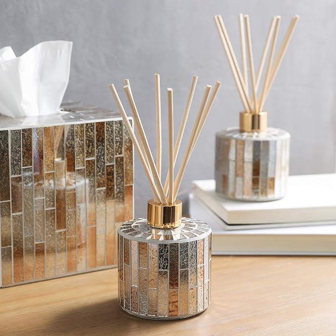 7.3oz Decorative Vertical Stripe Mosaic Glass Reed Diffuser Bottle Set with Silver Caps & 16pcs Natural Feed Sticks-Set of 2 - Ideal for Home Fragrance, Bathroom Decoration, Accent (Amber)