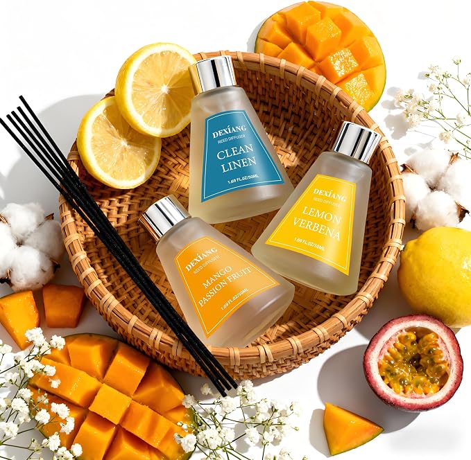 Reed Diffuser Set of 3 Pack, Lemon Verbena/Mango Passion Fruit/Clean Linen Oil Diffuser Reed Diffusers for for Home, Bathroom, Office Decor, 1.7 Fl.oz, Total 5.1Oz