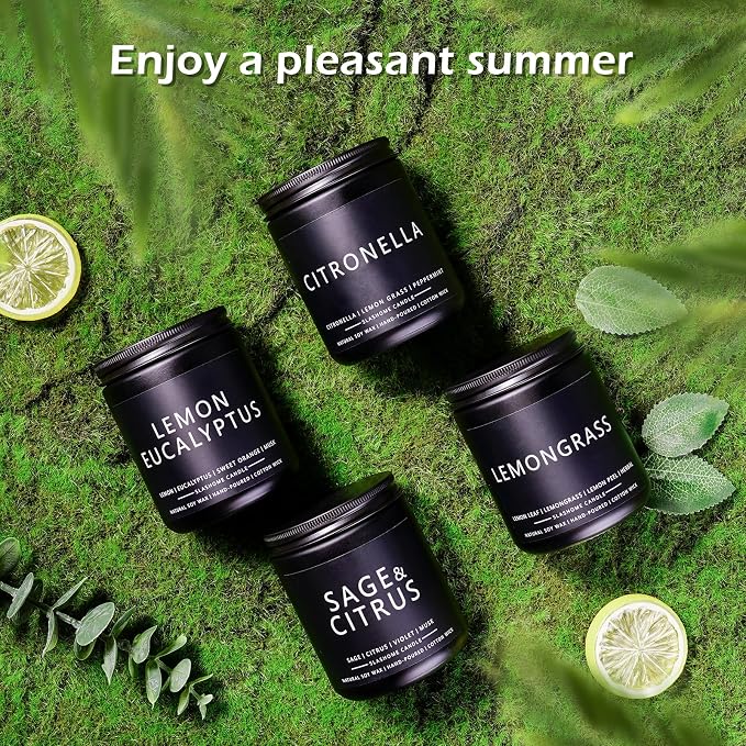 Citronella Candles Outdoor, Scented Candles Soy Jar Candle for Outdoor Patio Indoor Home Scented - Citronella/Lemon Eucalyptus/Lemongrass/Sage & Citrus, Gifts for Father Dad & Men (7oz - 4 Pack)