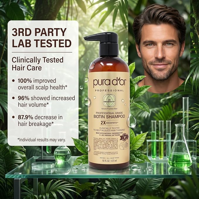 PURA D'OR Clinically Formulated Biotin Shampoo - Daily Hair Care Routine For Thinning Hair - 2X Concentrated 17+ Key Herbal Blend Hair Thickening Products For Women & Men, Botanical Zen Scent 16 Fl Oz