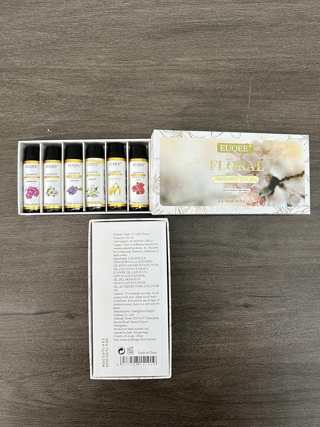 EUQEE 6 Pcs Pure Essential Oils Set, Premium Floral Scent Kit for Aromatherapy Diffuser, DIY Body Care, Home Fragrance, Massage– Lavender, Rose, Ylang Ylang, Jasmine, Geranium, Chamomile