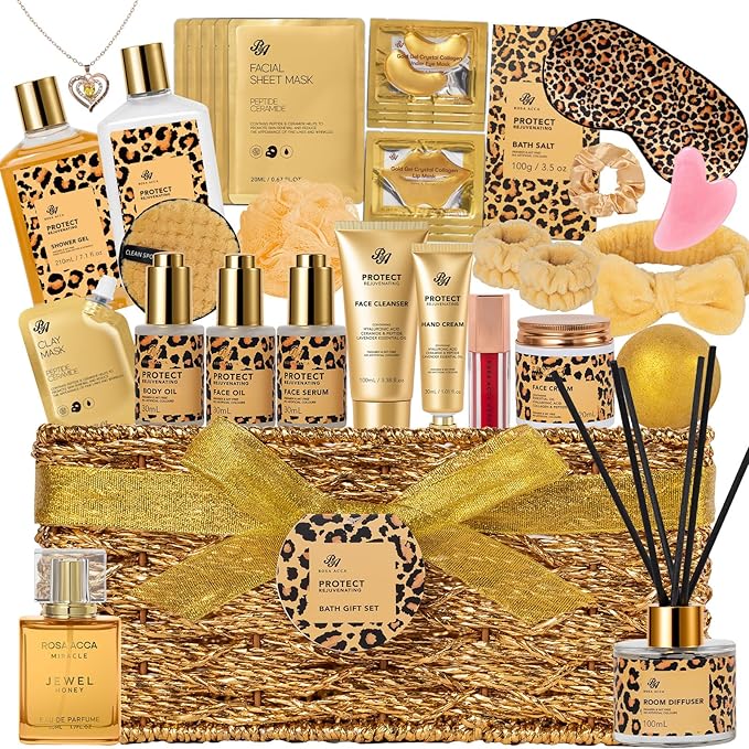 35 Pcs Mothers Day Gifts for Mom, Honey & Almond Bath & Body Gift Basket for Women, Face Skin Care Kit, Home Spa Basket Gift Set, Self-Care Gift Kit, Necklace, Birthday, Anniversary,Wife