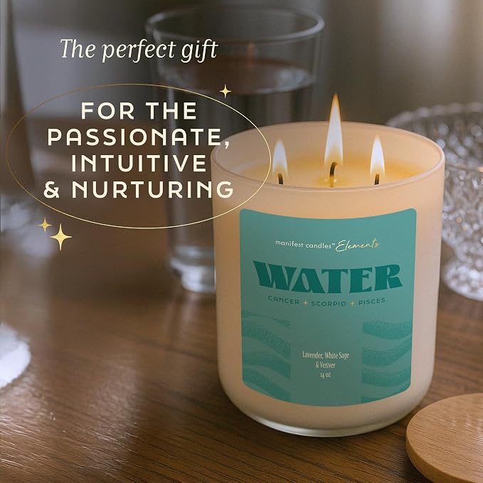 Large 14.5oz 3 Wick Zodiac Water Cancer Pisces Scorpio Zodiac Gifts for Women - 60 Hour Burn - Astrology Gifts for Women, Healing Manifestation Spiritual Candles, Intention Meditation Candle