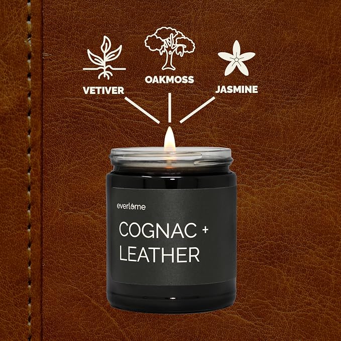 Premium Soy Wax Candle | Highly Scented Black Glass Jar Candles | Long Lasting, Clean Burn | 8 oz | Gifts for Man and Woman | Made in USA (Cognac + Leather)