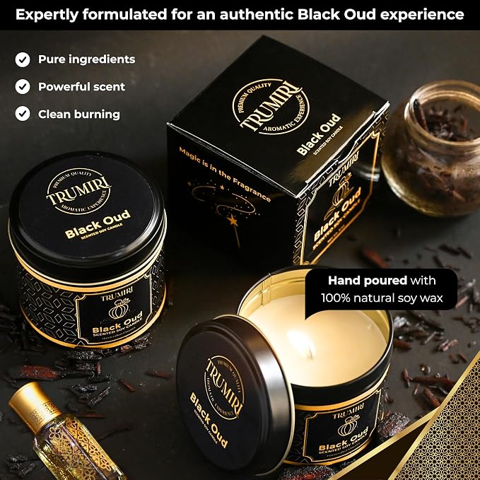 Black Oud Candle Highly Scented Soy Candel Natural Non Toxic Velas Aromáticas Gift for Men 5Oz Decorative Tin Jars with Lids Pack of 3