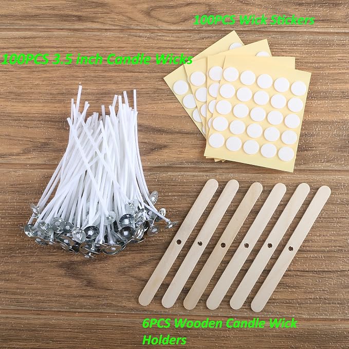 MILIVIXAY 3.5" Candle Wick Bundle: 100PCS Candle Wicks, 100PCS Candle Wick Stickers and 6PCS Wooden Candle Wick Holders - Wicks Coated with Paraffin Wax, Cotton Wicks Kits for Candle Making.