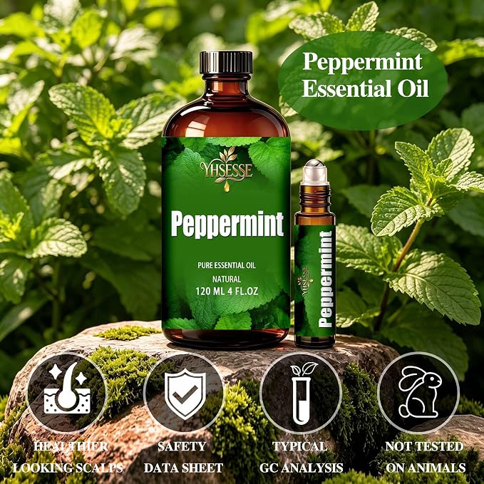 Peppermint Essential Oil, Peppermint Oil 4 Fl Oz 120ml for Diffuser Yoga Soap & Candle Making – with 0.33 Oz Roller Ball & Dropper YHSESSE Essential Oils