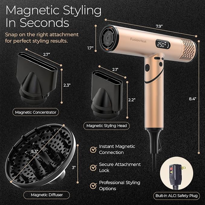 Dual Voltage Travel Hair Dryer with Diffuser, Compact Mini Blow Dryer for Curly Hair, Ionic Foldable Hair Dryer for Women, Magnetic Attachments, Lightweight Low Noise, 110V-240V European