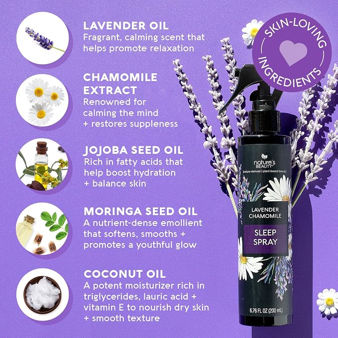 Nature's Beauty Lavender Chamomile Sleep Spray Multi-Pack - Sleep Well + Relax with Premium Grade Room + Pillow Spray, Made w/Coconut, Jojoba + Moringa Seed Oils, 6.76 fl oz (2 Pack)