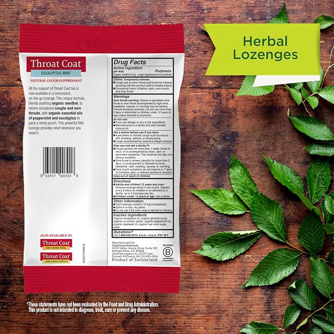 Traditional Medicinals Organic, Throat Coat Lozenges, Eucalyptus Mint with Menthol - Herbal Cough Drops, Helps Soothe Sore Throat & Relieve Cough - Non-GMO, Stimulant-Free - 16 Count